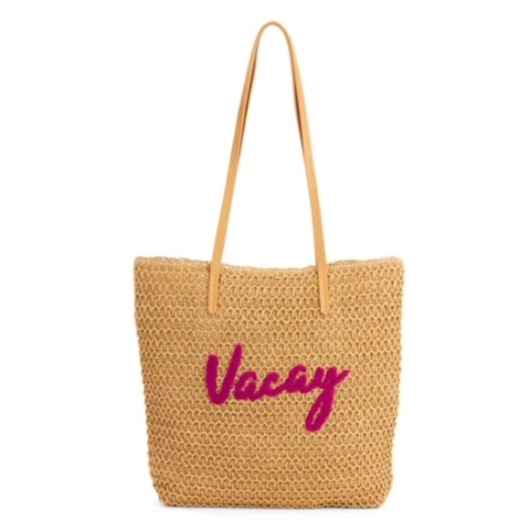 Time and Tru Handbags - Vacay Straw Tote Beach Pool Bag Tan Pink